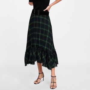 Zara Woman Asymmetrical Hem Plaid Midi Skirt